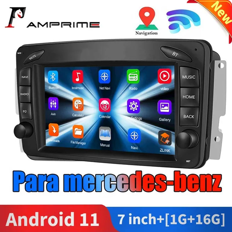 AMPRIME Android 11 GPS +Wifi+Fm/Rds +BT Car Radio Stereo 2 Din 7'' HD Touch Screen Car MP5 Player Autoradio for Para Mercedes-Benz/Clk/W209/E-W210/Clase C/W203/Slk/W170/Clk/C208/W208/M/Ml/W168/G/W463/Viano/W639/Vito/W639/