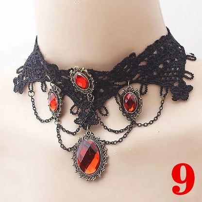 1 PCS Black Lace Necklace Chokers Vintage Style Female Gothic Wedding Red Rose Crystal Diamond Pendant Collarbone Necklace Chain Accessories for Women Girls(10 Style)