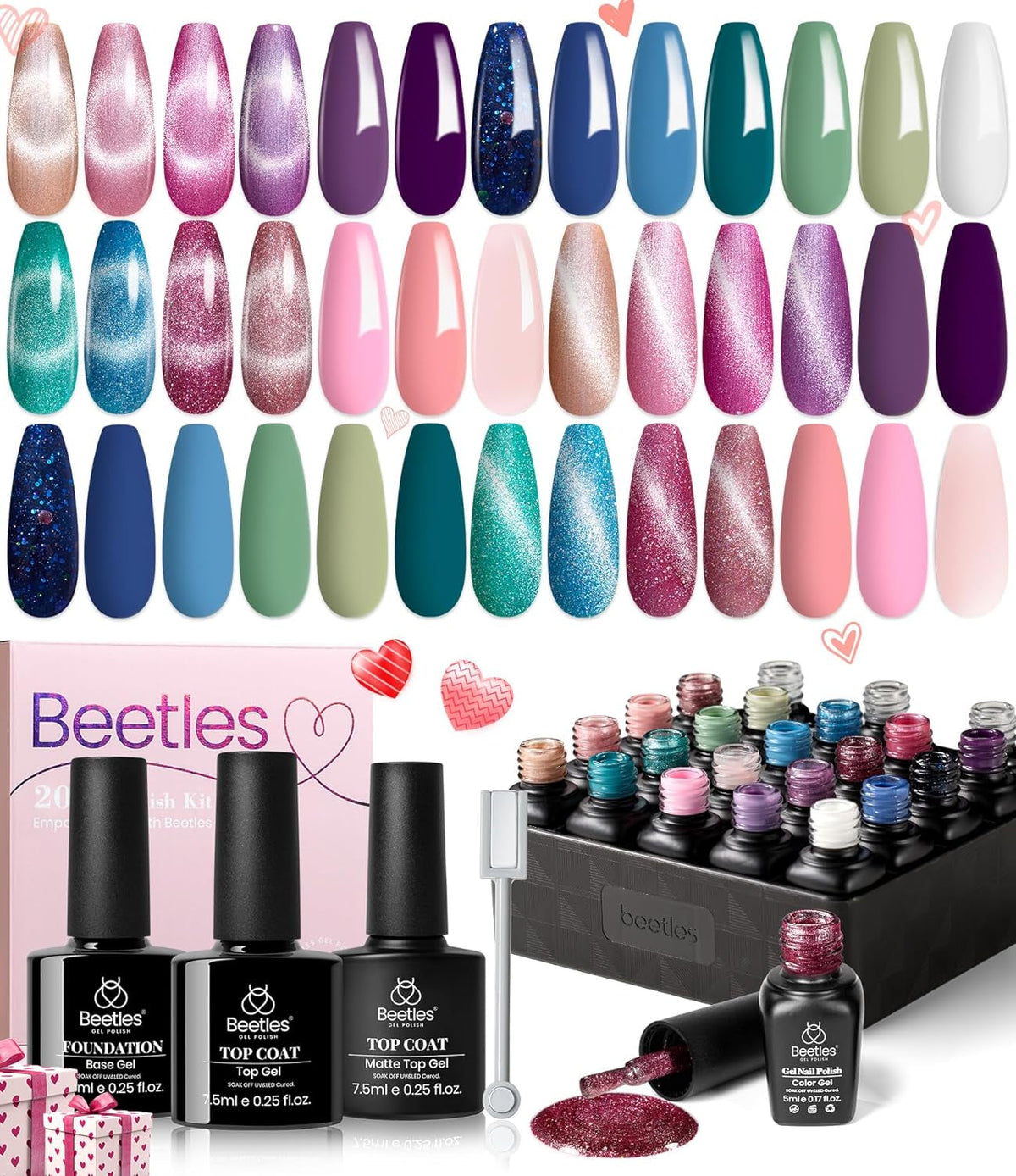 Beetles 23Pcs Gel Nail Polish Kit with Glossy Matte Top Coat and Base Coat Girls Night Collection White Nude Gray Glitters Gel Nail Polish Set U V Soak Off Holiday Manicure for Women Girls