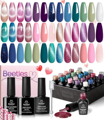 Beetles 23Pcs Gel Nail Polish Kit with Glossy Matte Top Coat and Base Coat Girls Night Collection White Nude Gray Glitters Gel Nail Polish Set U V Soak Off Holiday Manicure for Women Girls
