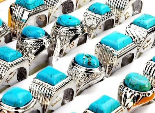 10Pc Wholesale Lots Natural Green Turquoise Stone Silver P Ring Jewelry FREE