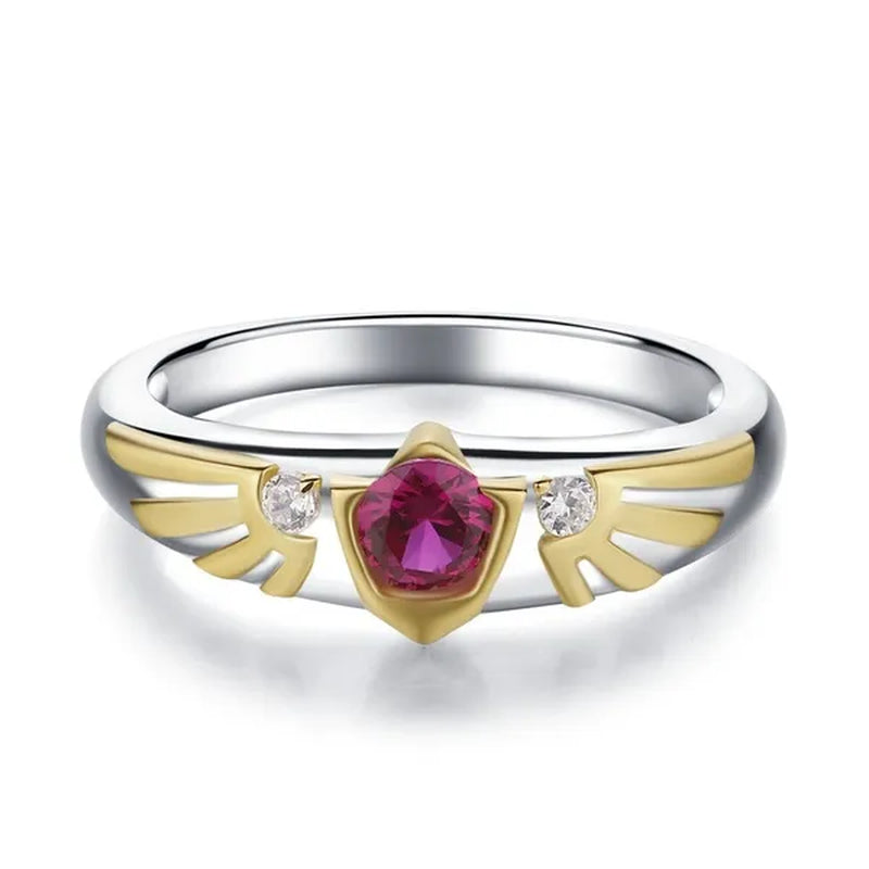 Gorons Ruby Hylian Crest Symbol Inspired Link Engagement Wedding Crystal Ring