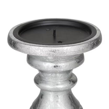 Silver Mango Wood Turned Style Pillar Candle Holder (Set of 3)
