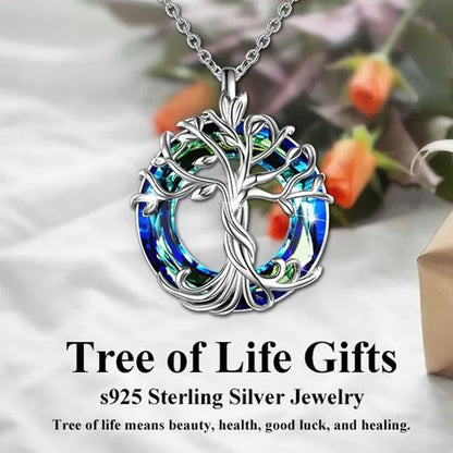 European and American Fashion Women Celtic Life Tree Crystal Pendant Necklace 925 Sterling Silver Star Round Sapphire Necklace Anniversary Party Birthday Gifts for Daughte