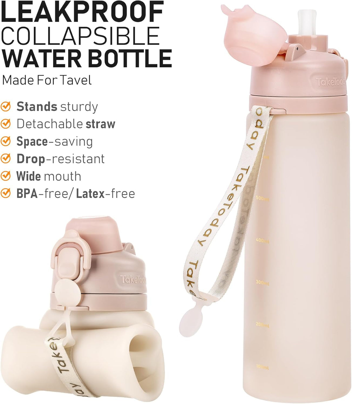 Collapsible Water Bottles 20Oz, Leak Proof, Bpa-Free, Foldable Silicone Travel Water Bottle with Straw Strap for Cycling, Hiking, Outdoors
