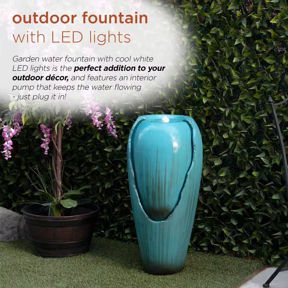 33 In. Tall Water Jar Fountain with LED Light, Turquoise