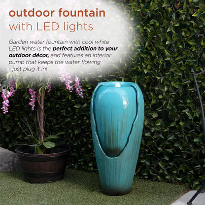 33 In. Tall Water Jar Fountain with LED Light, Turquoise