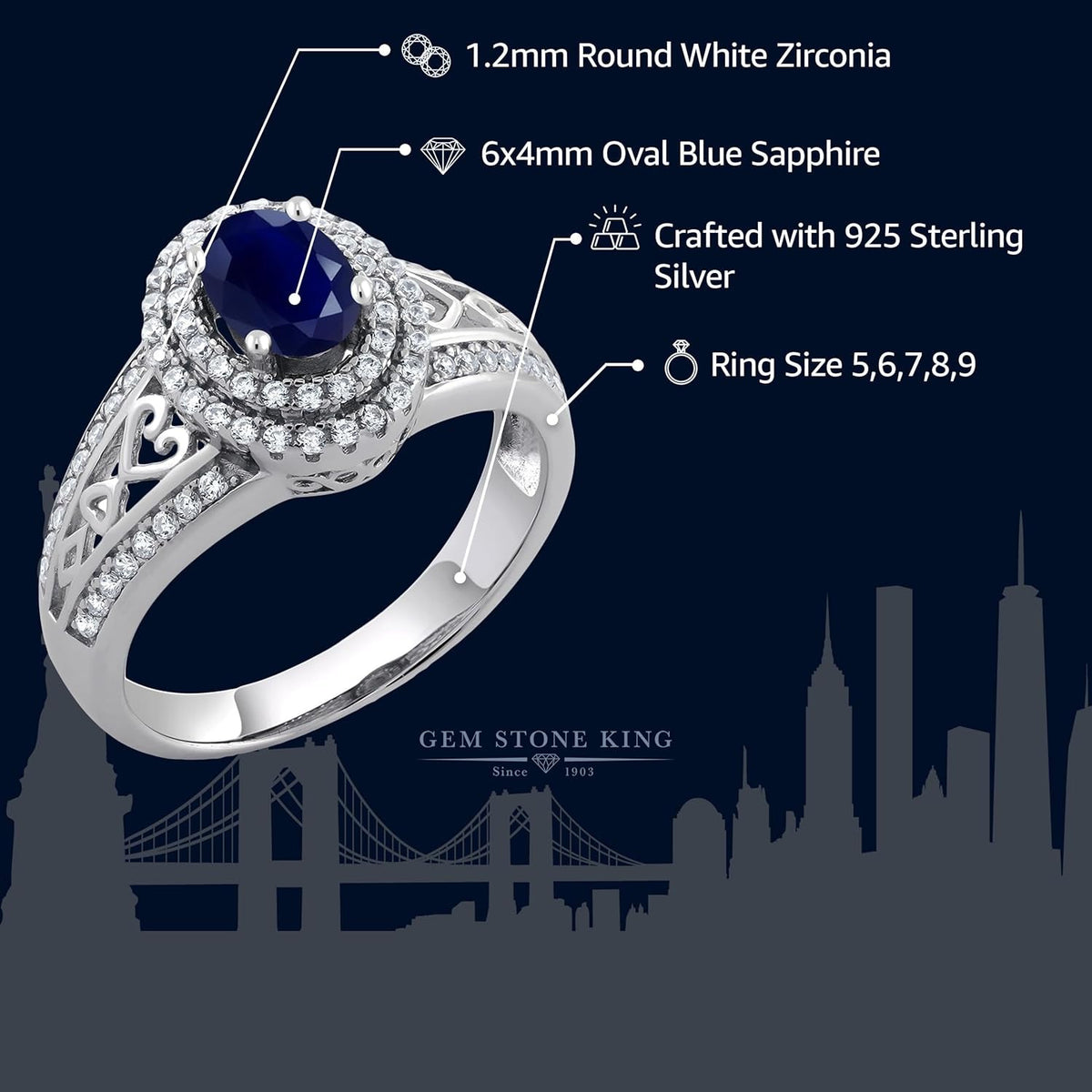 1.41 Cttw Blue Sapphire Engagement Ring for Women | 925 Sterling Silver | Center Stone: 6X4MM | Gemstone Birthstone | Wedding Anniversary Ring | Available in Size 5, 6, 7, 8, 9