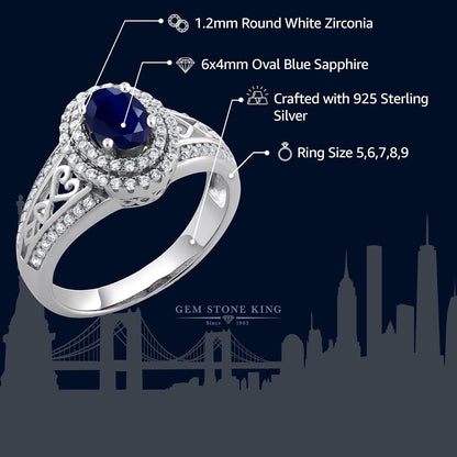 1.41 Cttw Blue Sapphire Engagement Ring for Women | 925 Sterling Silver | Center Stone: 6X4MM | Gemstone Birthstone | Wedding Anniversary Ring | Available in Size 5, 6, 7, 8, 9