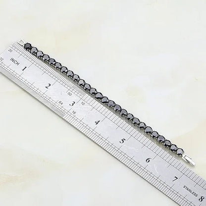 925 Sterling Silver Jewelry Black Sapphire White Topaz round Link Chain Bracelet 7 Inch for Women Wedding Free Gift Box