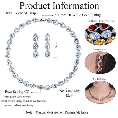 Gloriya Noble Jewelry Set Bridal Accessories High Quality Platinum Plated CZ Water Drop Charm Choker Necklace Earrings for Women Heavy Dinner