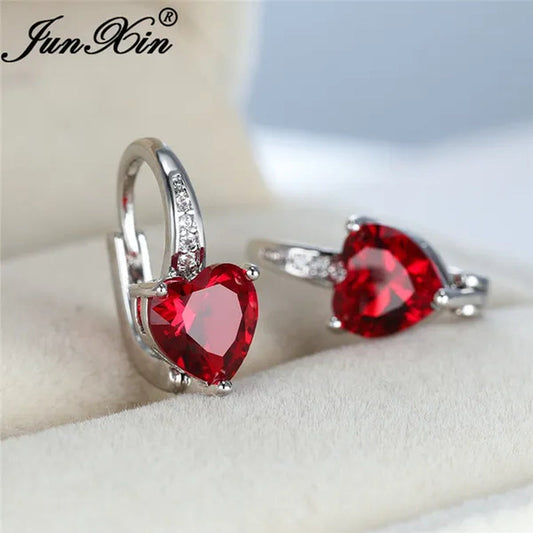 1Pair 925 Sterling Silver 14K White Gold Birthstone Hoop Earrings Heart Cut Red Ruby Garnet Drop Earrings Heart Shaped Clip On Earrings Gift