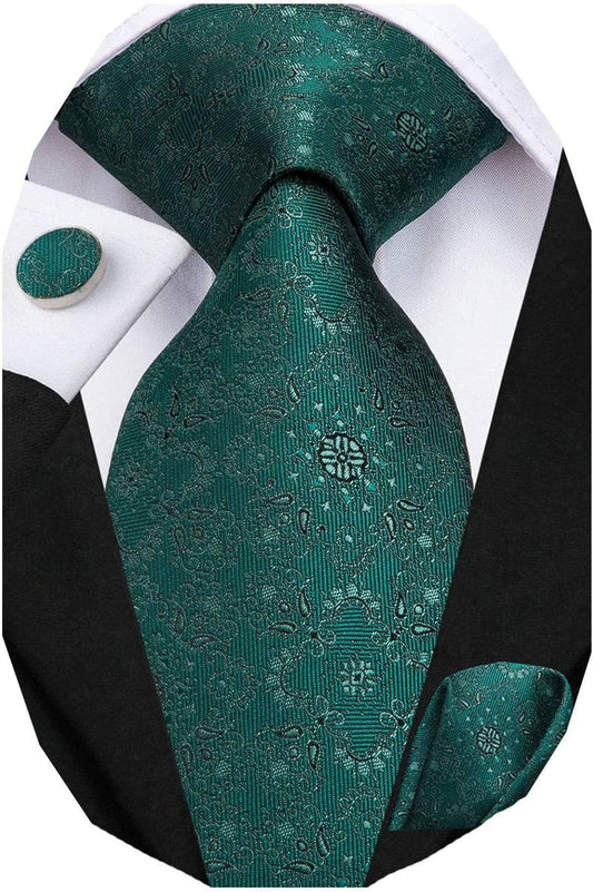 Mens Paisley Floral Silk Tie for Men Striped Necktie and Pocket Square Cufflinks Set Wedding Business