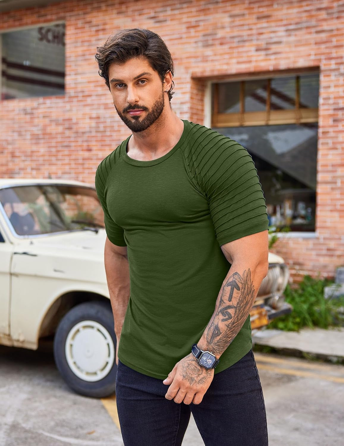 Men'S Muscle T-Shirt Pleated Raglan Sleeve Bodybuilding Gym Tee Short Sleeve Fashion Workout Shirts Hipster Shirt