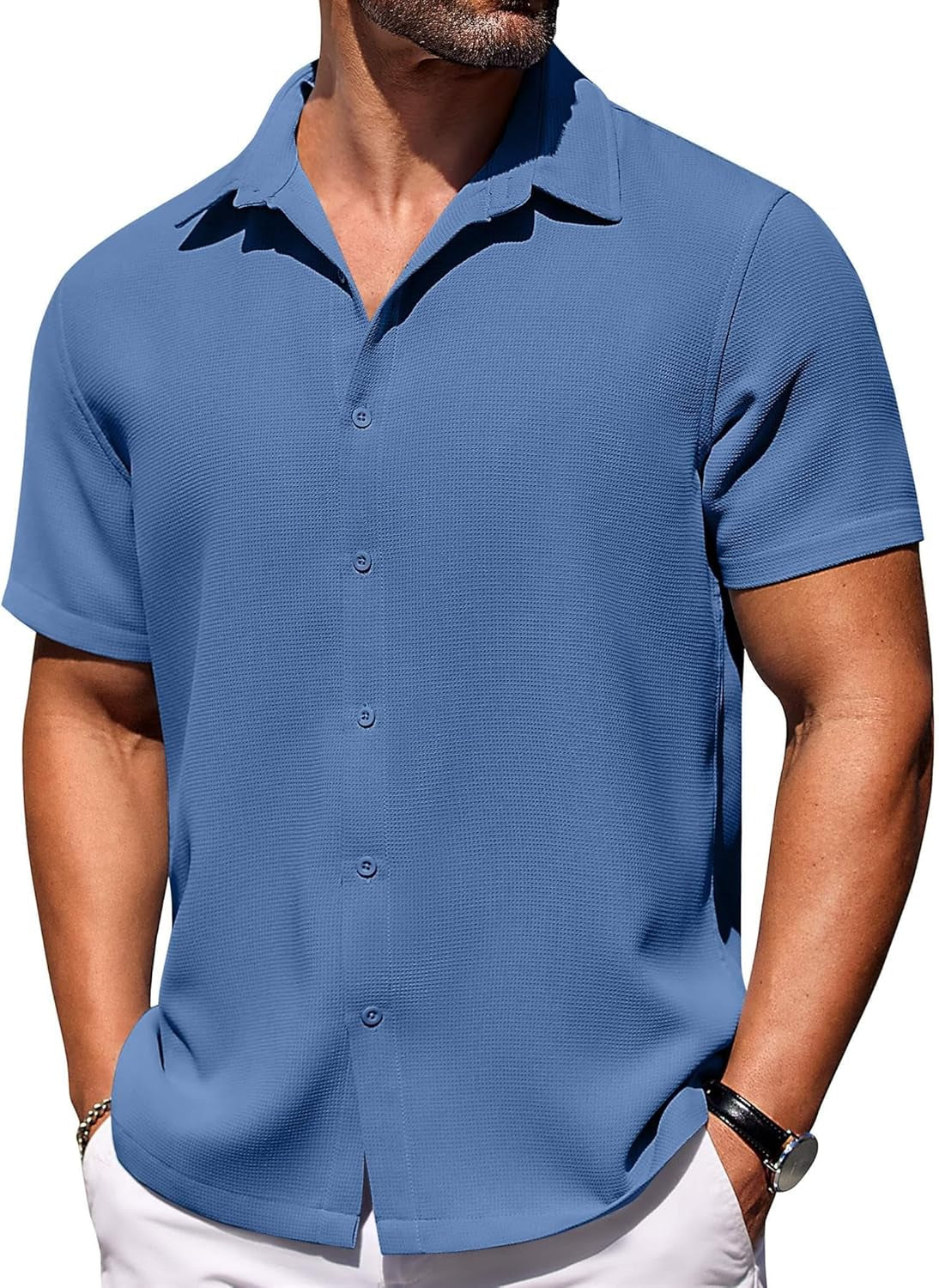 Mens Short Sleeve Button down Shirts Waffle Shirt Casual Beach Summer Shirts Wrinkle Free Vacation Shirts