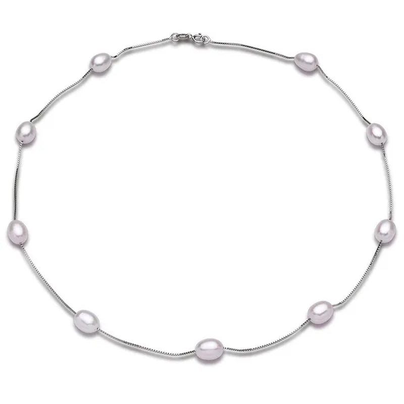 Real 925 Sterling Silver Natural White Ellipse Freshwater Pearl Chain Necklace for Women Gifts FEIGE