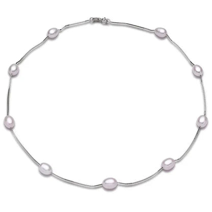 Real 925 Sterling Silver Natural White Ellipse Freshwater Pearl Chain Necklace for Women Gifts FEIGE