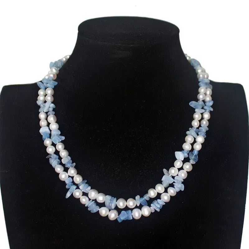 Handmade beautiful 2strands blue green stone peridot 7-8mm white freshwater cultured pearl necklace long 43-45cm