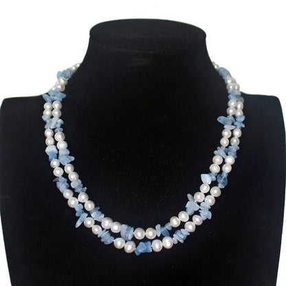 Handmade beautiful 2strands blue green stone peridot 7-8mm white freshwater cultured pearl necklace long 43-45cm