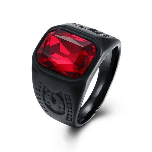 Cool Men Punk Ruby Rings Oval Red Crystal Ring Garnet Black Metal Stainless Steel Ring Fashion Jewelry