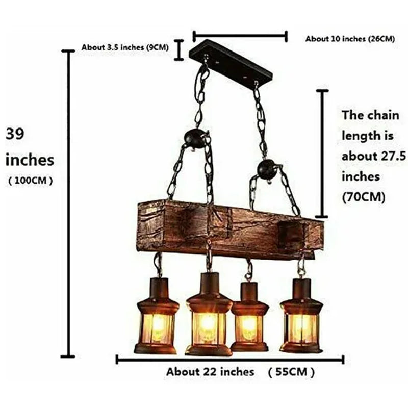 Rustic Hanging Lamp Ceiling Lamp Vintage, Chandelier Wood Hanging Lamp 4 Light