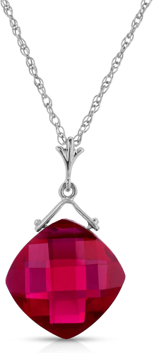 14K Solid White Gold Necklace with Lab. Grown Cushion Shape Briolette Checkerboard Cut Ruby Grade AAA