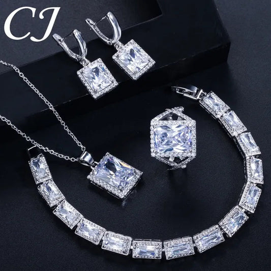 CANDICE Sparkling Princess Cut Clear Crystal Pave Stylish Sterling Silver Necklace Earrings Bracelet and Ring 4 Pcs Wedding Jewelry Set With Tiny CZ Stone