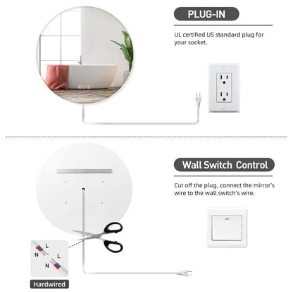 RS 32 In. W X 32 In. H round Beveled Edge 3 Colors Dimmable LED Anti-Fog Memory Wall Mount Bathroom Vanity Mirror