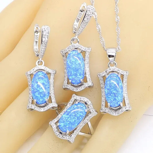 Geometric Blue Opal Silver Jewelry Sets For Women Bridal Necklace Earrings Rings Birthday Gift