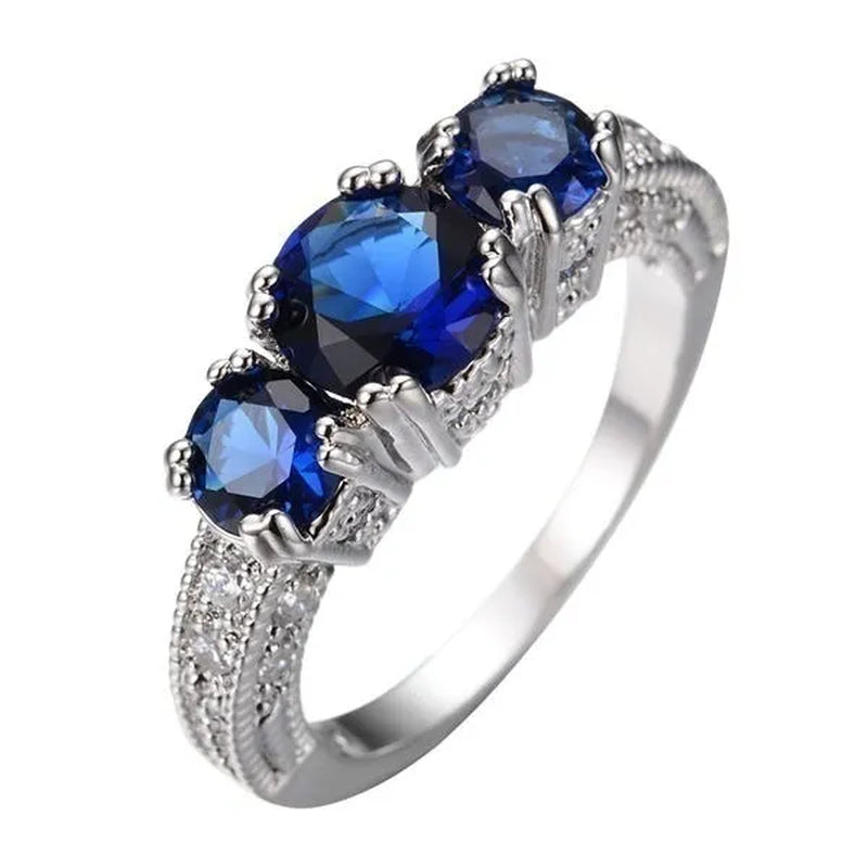 925 Sterling Silver Three Stone Emerald Ruby Sapphire Wedding Piercing Ring