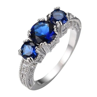 925 Sterling Silver Three Stone Emerald Ruby Sapphire Wedding Piercing Ring