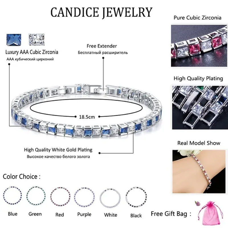 CANDICE Elegant Red Cubic Zirconia Setting Square Women Chain Bracelet Bangle for Birthday Gift