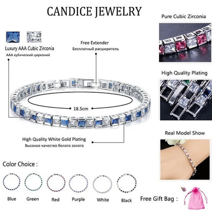CANDICE Elegant Red Cubic Zirconia Setting Square Women Chain Bracelet Bangle for Birthday Gift