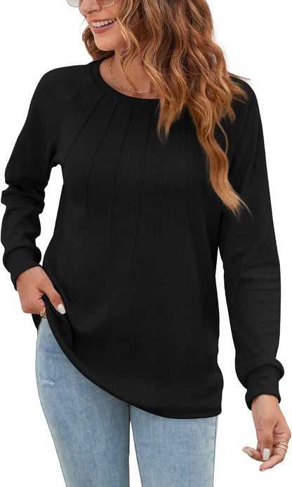 Women Long Sleeve Shirts Casual Tops Dressy Blouses Fashion Pleated Tunic
