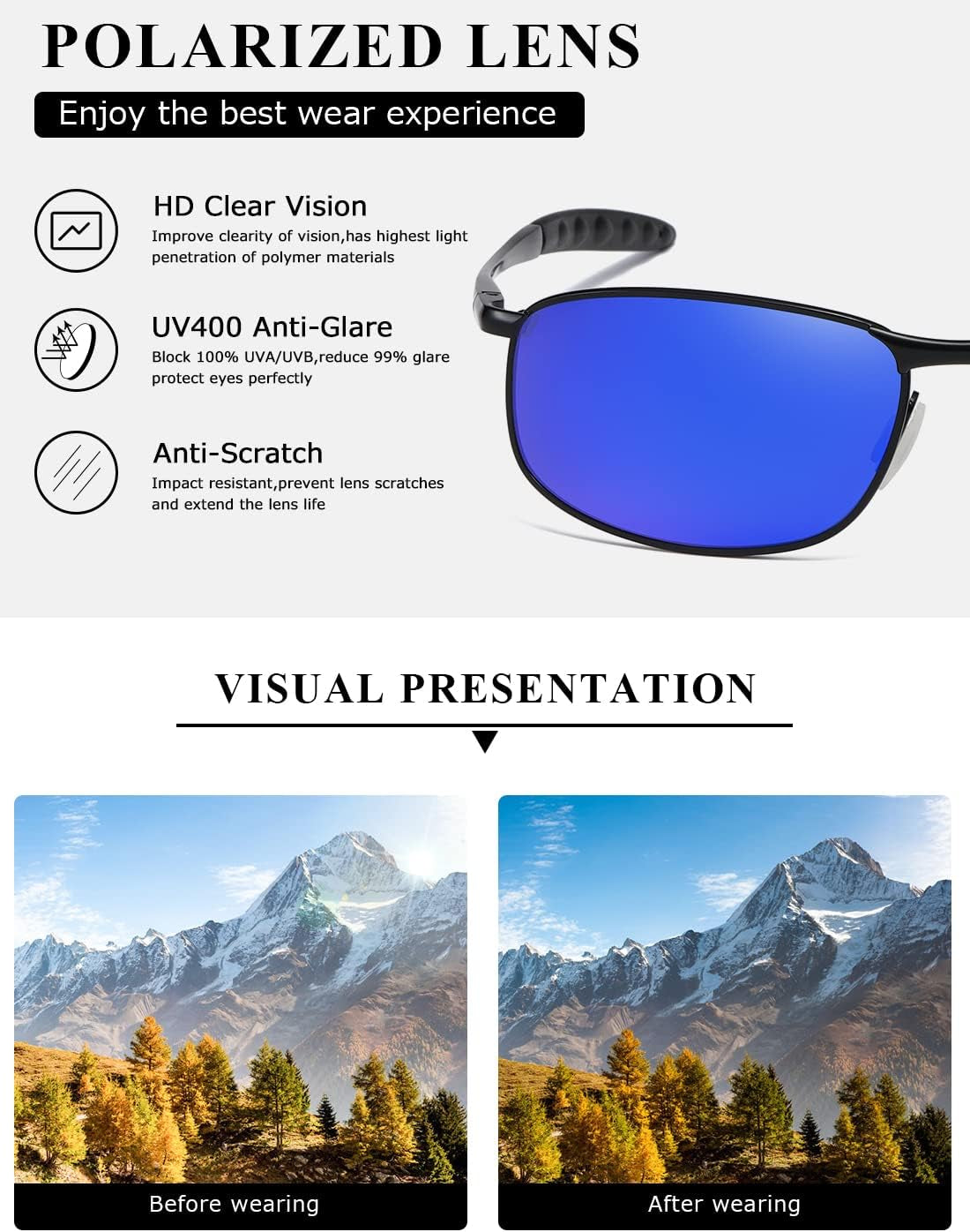 Polarized Sunglasses for Men Rectangle Metal Frame Retro Sun Glasses AE0395