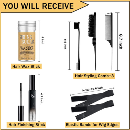 7 Pcs Hair Wax and Edge Control Set for Women - Flyaway Styling Products Includes Wax Stick, Hair Finishing Stick, Comb, Elastic Bands for Wig Edges