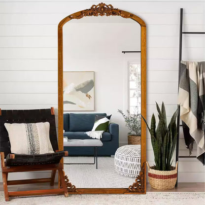 28 In. W X 67 In. H Classic Arch-Top Wood Framed Brown Full-Length Floor Mirror