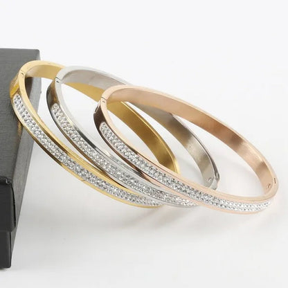 3 Colors Rose Gold Silver Two Row Crystal Rhinestone Pave Stainless Steel Bracelets Bangles for Women Girl Gifts