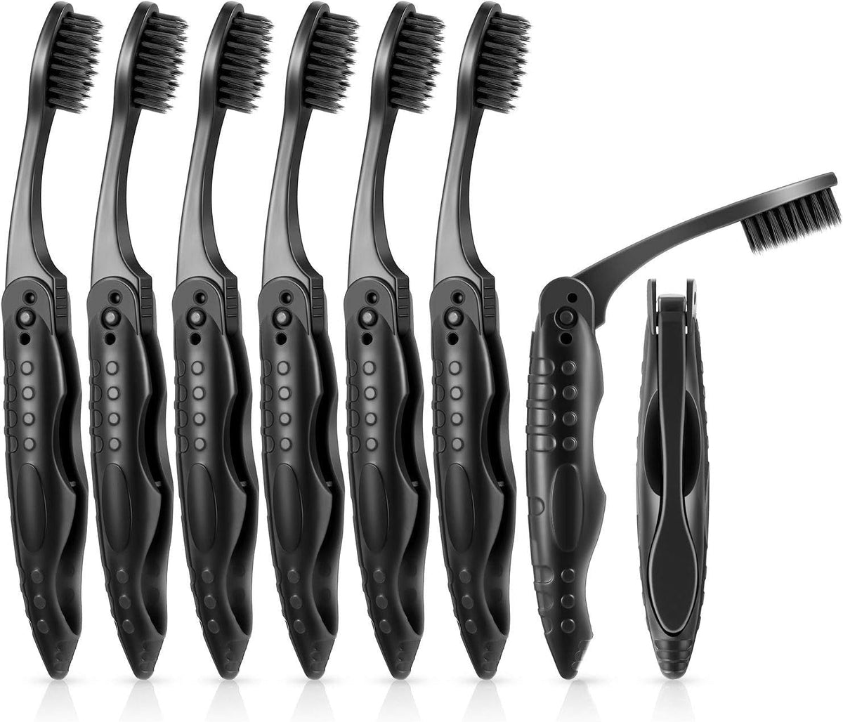 8 Packs Travel Toothbrushes Individually Wrapped Black Folding Toothbrush for Travel Camping Portable Charcoal Toothbrush with Soft Medium Bristles