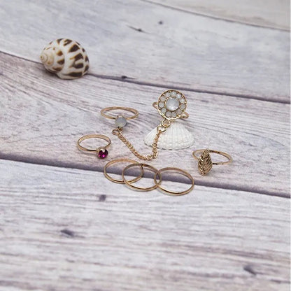 7Pcs Fashion Elegant Retro Inlaid Ruby Chain Ring Set(Color: Gold)