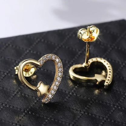 14K  Gold Love Heart Star White Zircon Stud Earrings for Women Wedding Engagement Bride Jewelry Gift