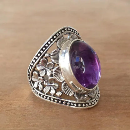 New Women's Fashion Vintage Wide Edge Carved Flower Ring Amethyst Ring Engagement Party Bridal Wedding Jewelry Christmas Valentine's Day Gift Ring
