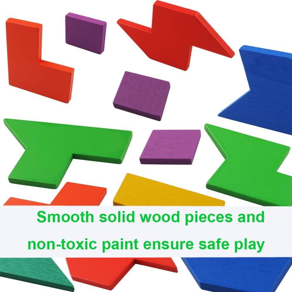 2 Pack Wooden Puzzle Blocks Geometric Tangram + Russian Blocks Puzzle for Kids & Adults, Intelligence Brain Teasers Toy Wooden Puzzle for All Ages Challenge STEM Educational Gift for Children