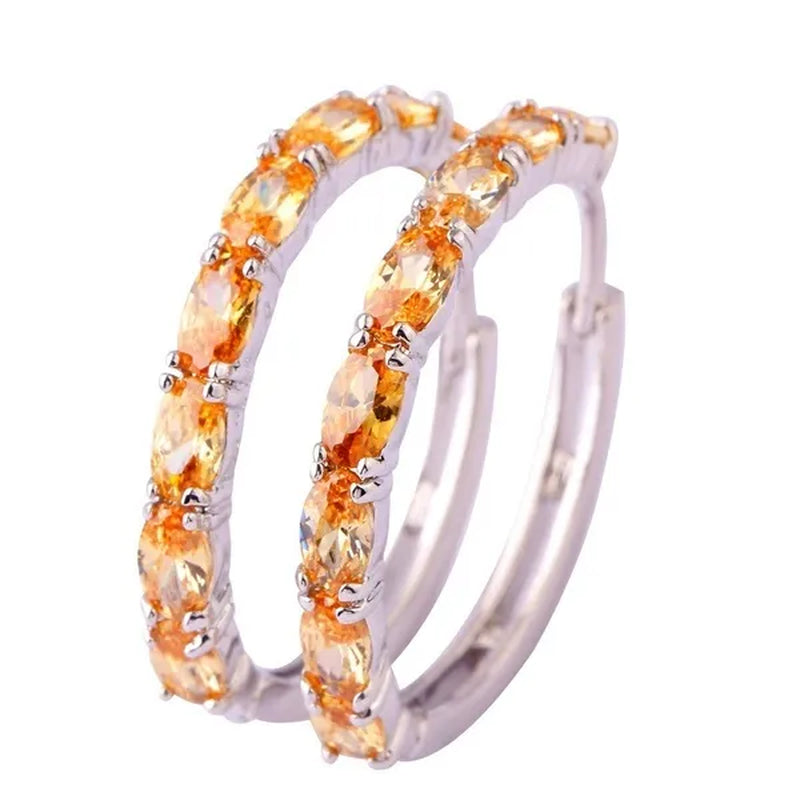 Fashion Women Oval Cut Amethyst Pink & White & Blue Topaz & Black Spinel & Morganite & Sapphire Quartz & Spinel & Emerald & Gemstone Ear Clip Hoop Silver Earrings