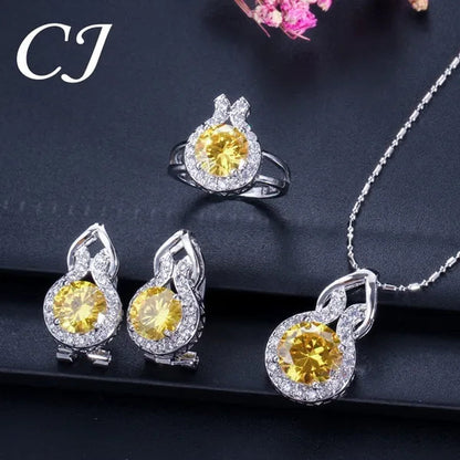 CANDICE Fashion Party Jewelry Set Sterling Silver Round Cut Blue Crystal Pendant Necklace Earrings Ring Set For Lady