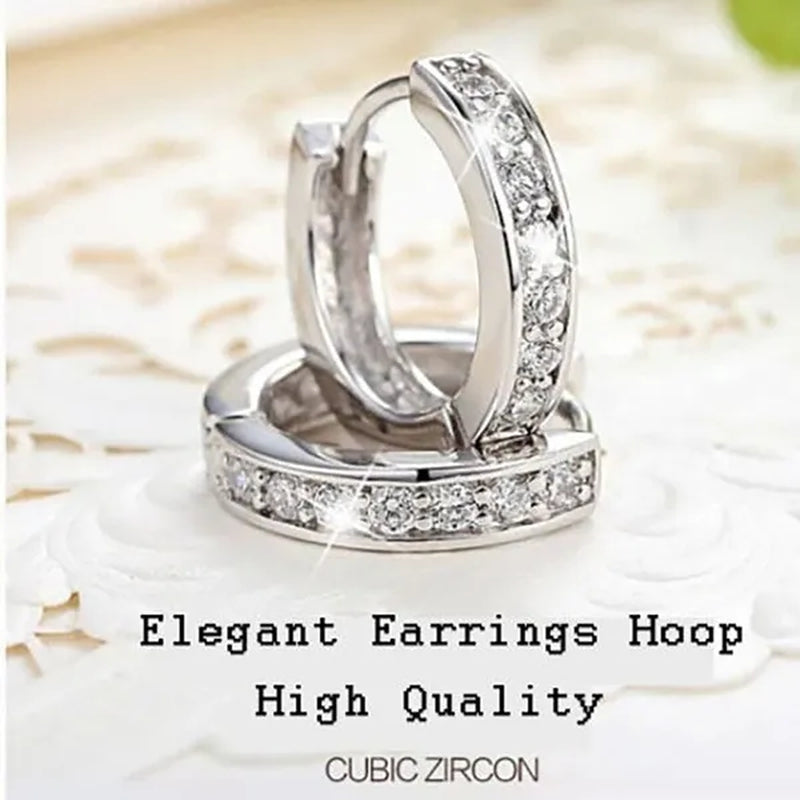 Luxury 925 Silver Elegant Heart Diamond Hoop Ear Stud Earrings for Women Round Wedding Bridal Jewelry