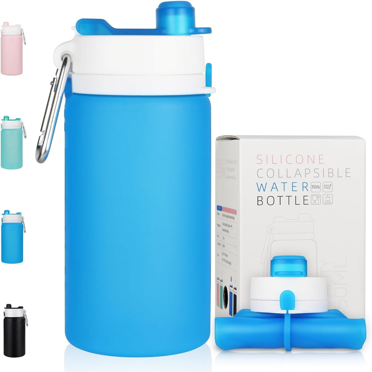 Collapsible Water Bottle, 19Oz Foldable Water Bottle BPA Free Reusable Lightweight Leak-Proof Travel Silicone Water Bottle for Travel, Gym, Hiking, Office, Camping(Blue)