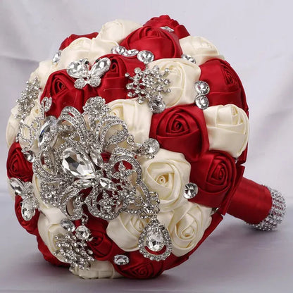 21CM Shiny Silver Rhinestone Brooch Bridal Bouquet Handmade Silk Rose Ribbon Diamond Wedding Flower Bouquet Bridesmaid Holding Flowers