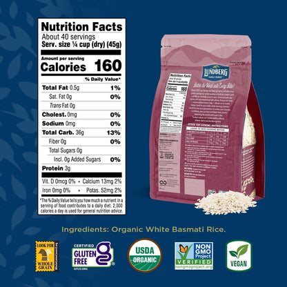 Basmati Rice, Organic Long Grain White Rice - Non-Sticky, Fluffy, Nutty, Aromatic Rice, Vegan Food, Healthy Meals, Gluten-Free Rice Grown in California, 64 Oz