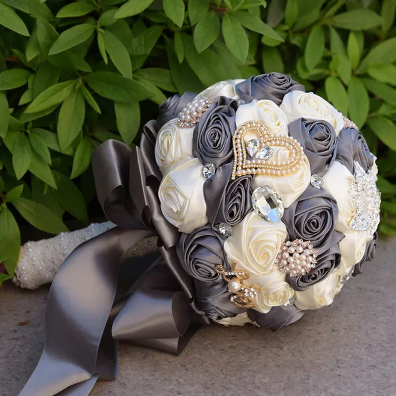 21CM Satin Ribbon Roses Wedding Bouquet Pearl Crystal Brooch Bride Holding Flowers Artificial Rose Wedding Flower Bridesmaid Bouquet. Multi-color Optional